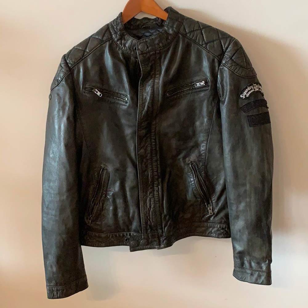Superdry, Size L, genuine leather jacket, black, lined